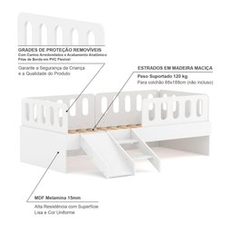 Cama Solteiro Mdf Branco com Escadinha/escorrega 03 Grades e Cabeceira Anatômica Mobilistore - 5