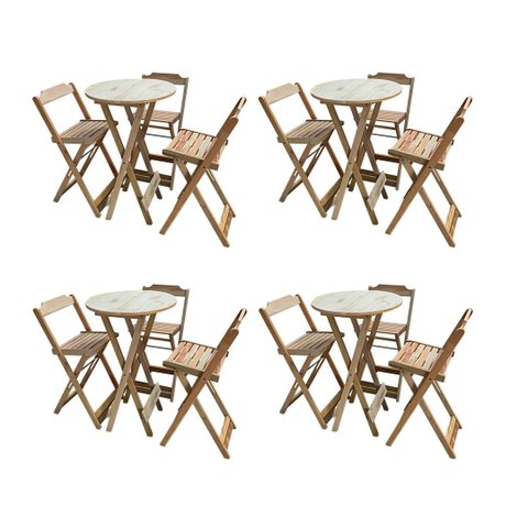 Kit 4 Jogos de Mesas Bistrô de Madeira Dobrável com 3 Banquetas - Crua