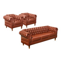 Conjunto Sofá 3 Lugares e 2 Poltronas Chesterfield Duque Dom Pedro - Couríssimo Marrom Caramelo - 1