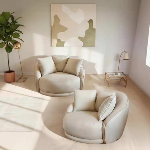 Kit 02 Poltronas Ayla Giratória Redinda Linho Bege Estilo Orgânico - Larbelle