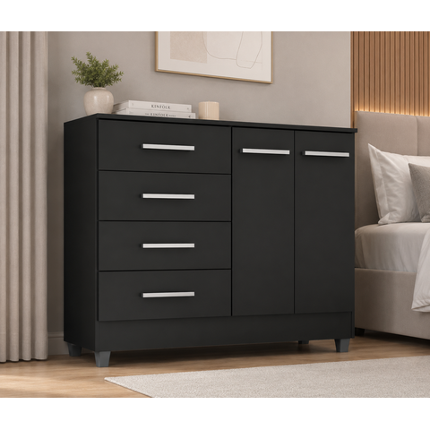 Cômoda Preta 4 Gavetas e 2 Portas para Quarto Organizador de Roupas