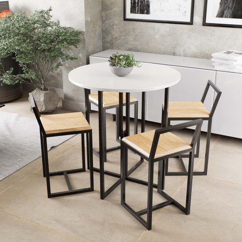Conjunto Mesa Redonda Branca 4 Cadeiras Pequena Pinus Industrial Black