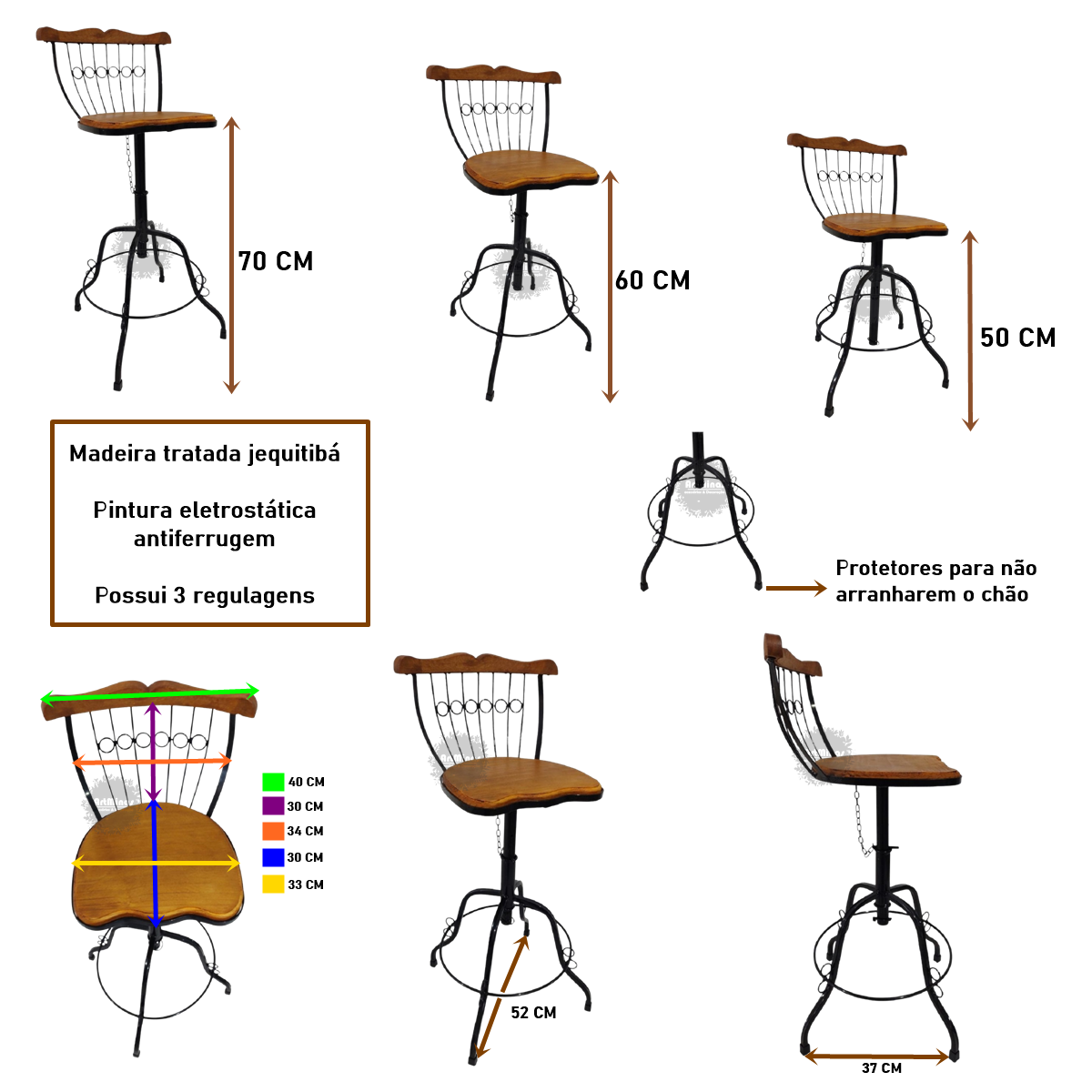 cadeira banqueta bancada giratória regulagem ferro madeira artesanal rústica - 2