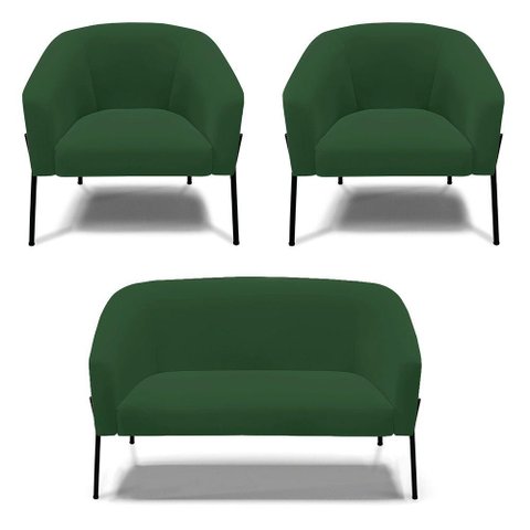 Sofá Namoradeira e 2 Poltronas Pé de Ferro Preto Stella Veludo D03 - D'Rossi Cor Verde