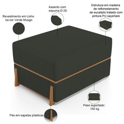 Puff Decorativo Retangular para Sala de Estar Domus L02 Linho Verde Musgo - Lyam Decor - 4