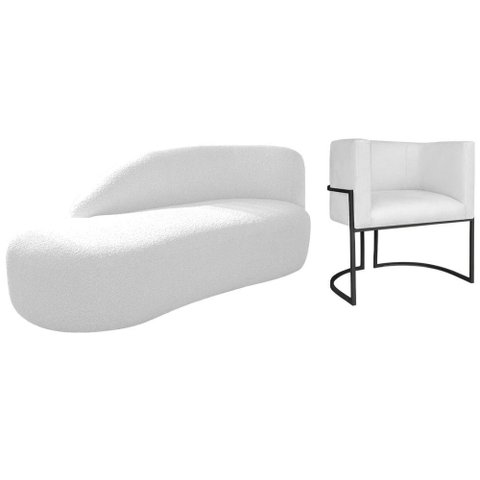 Kit Divã Luna 185cm Lado Esquerdo e 01 Poltrona Base de Ferro Preto Suede Branco