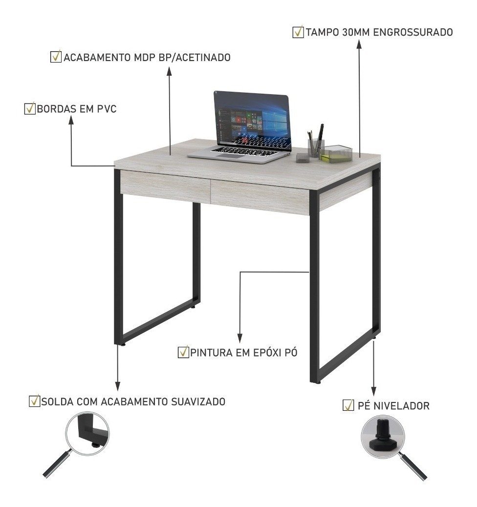 Mesa Escritório Office Estilo Industrial 0,90 M C/ 2 Gavetas - 4