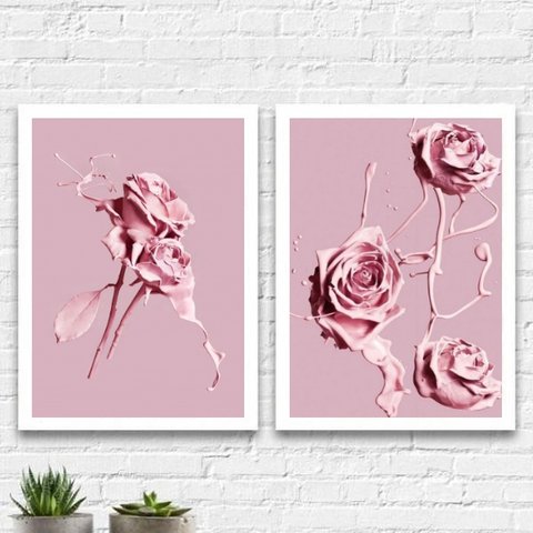 Kit 2 Quadros Flores Rosas Tinta 24x18cm - com vidro:Madeira branca