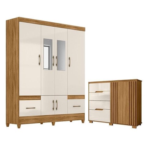 Guarda Roupa Casal Ms912 com Espelho e Cômoda Texas Freijó Off White – Moval