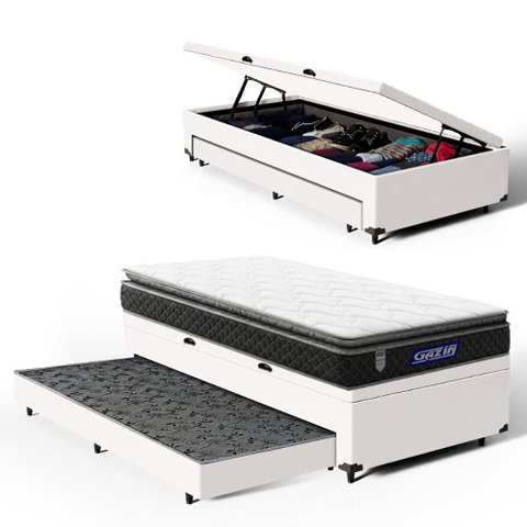 Cama Box Baú com Colchão Gazin de Espuma D28 Pillow Top Ortoblack + Auxiliar de Espuma Solteiro