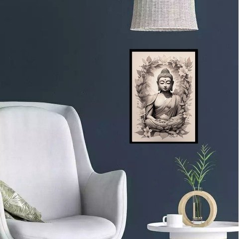 Quadro Decorativo Buda Tons de Cinza 24x18cm:madeira Preta
