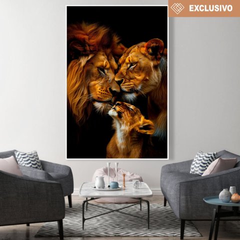 Quadro Decorativo Família Leão Leoa com Um Filhote Sala Quarto Casa Escritório