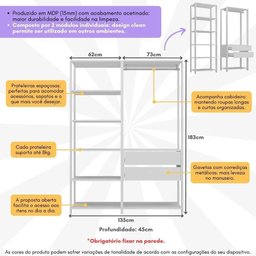 Guarda-roupas Closet Modulado 135cm 2 Peças com 2 Gavetas e Cabideiro Multimóveis Mp4320 - 6