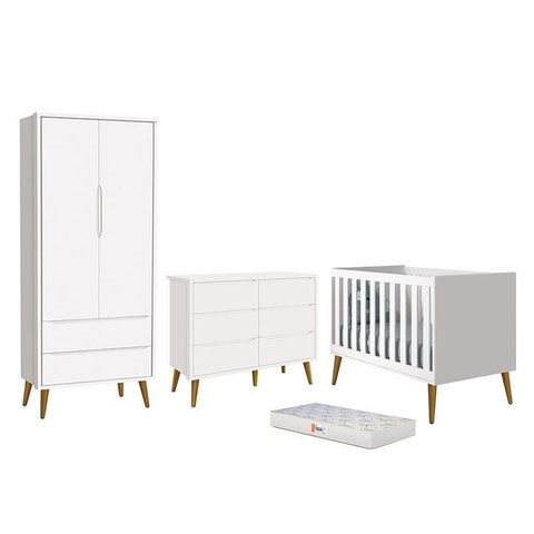 Dormitório Completo Infantil Theo 2 Portas, Cômoda 6 Gavetas, Berço Branco Fosco com Pés Amadeirado 
