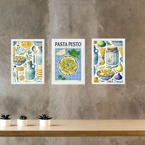 Kit 3 Quadros para Cozinha Azul - Pasta Pesto 33x24cm - com Vidro:moldura Branca