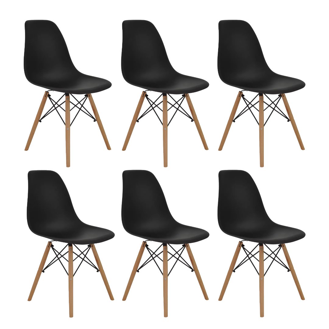 Kit com 6 Cadeira Eames Eiffel Wood Preta para Sala de Jantar - 1
