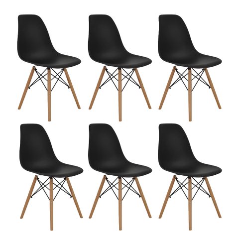 Kit com 6 Cadeira Eames Eiffel Wood Preta para Sala de Jantar