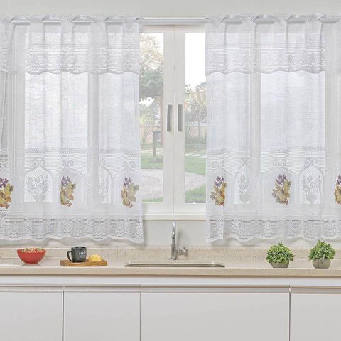 Cortina para Cozinha com Bandô Renda Flores 2,00m X 2,50m Varão 2m - Branco