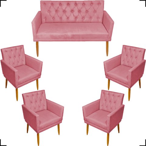 Kit Namoradeira Decorativa Para Sala Capitonê Com Base + 4 Poltronas Para Recepção Suede