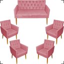 Ver imagem 1 de Kit Namoradeira Decorativa Para Sala Capitonê Com Base + 4 Poltronas Para Recepção Suede