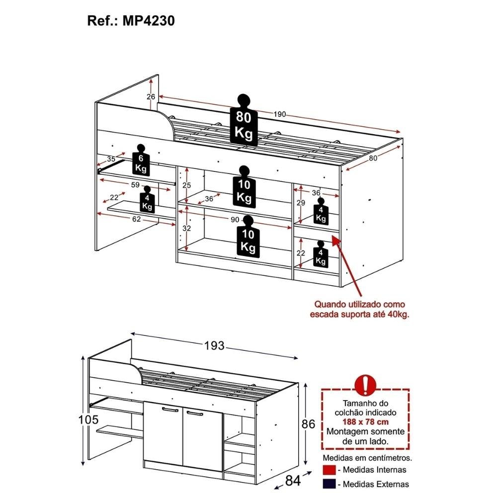 Cama Solteiro Multifuncional para Colchão 188 X 78cm com 2 Portas e Escrivaninha Multimóveis - 4