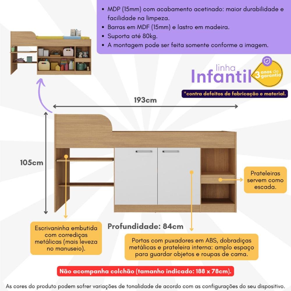 Cama Solteiro Multifuncional para Colchão 188 X 78cm com 2 Portas e Escrivaninha Multimóveis - 3