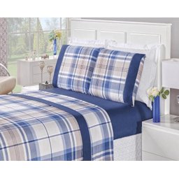 Jogo De Cama Naturale Micropercal 200 Fios Solteiro Xadrez Azul 03 Peças - 1