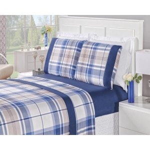 Jogo De Cama Naturale Micropercal 200 Fios Solteiro Xadrez Azul 03 Peças