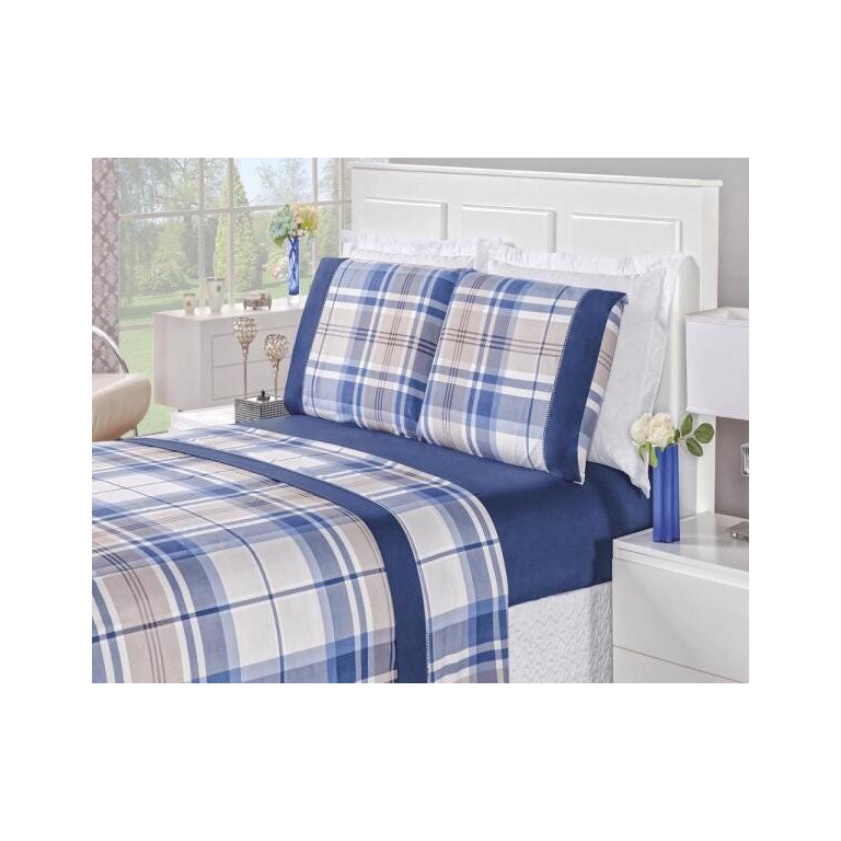 Jogo De Cama Naturale Micropercal 200 Fios Solteiro Xadrez Azul 03 Peças