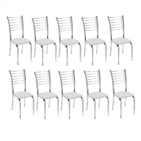 Kit 10 Cadeiras de Jantar Lara Cromada para Cozinha Assento Corino Branco - Aurora Line