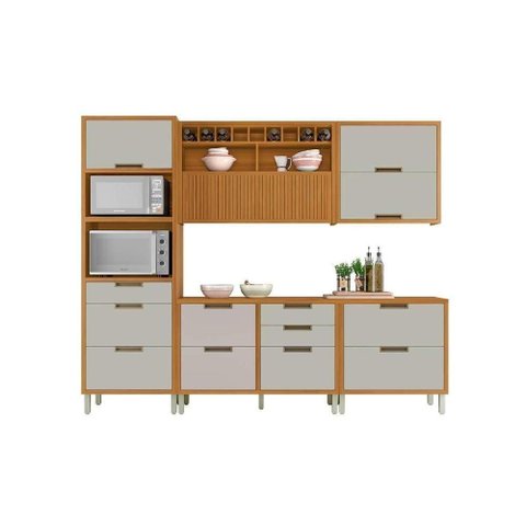 Cozinha Modulada Completa Imperatriz 5pçs 2 Balcões 2 Aéreos+ Torre Quente Freijo/off White