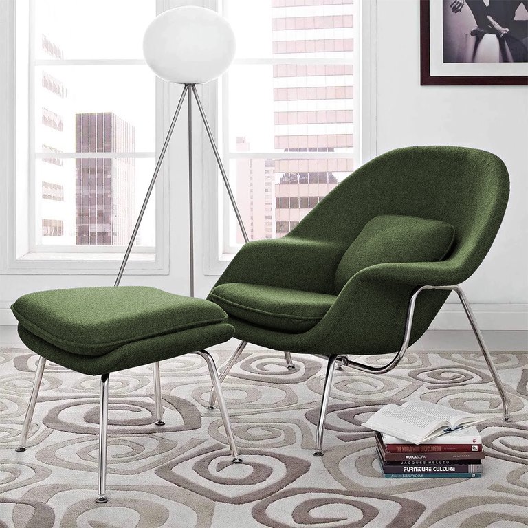 Poltrona Womb Chair com Puff Cromada Linho Verde Poltrona Womb Chair com Puff Cromada Linho Verde