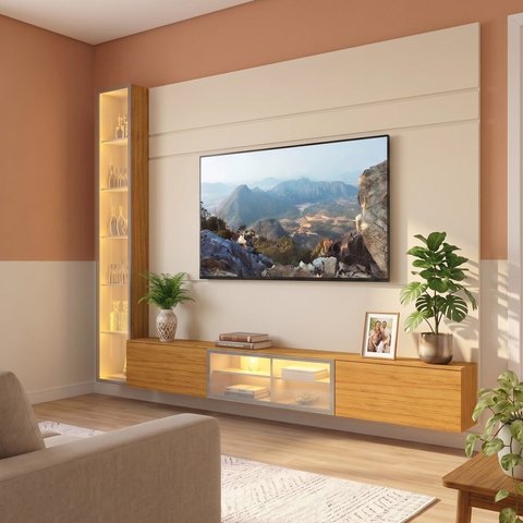 Estante Home Theater para TV até 84 Polegadas Suspensa 2 Portas com LED e Vidro Reflecta 255x218cm