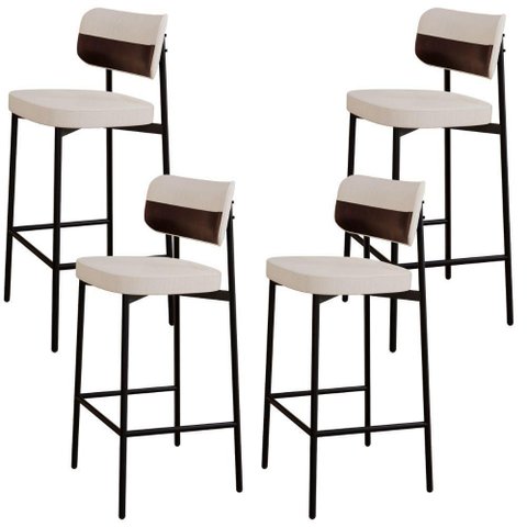 Kit 04 Banquetas Alta Bar Cozinha Sala de Jantar Aço Preto Kaira C01 Linho Palha Courino Café -