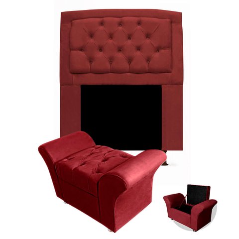 Kit Cabeceira Geovana + Calçadeira Baú Veneza Solteiro 90cm Suede - Renascer Decor:Vinho