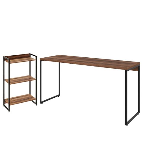 Kit Escritório Estante Areta 3 Prateleiras com Mesa Industrial Aspen 150cm C01 Nogal - Lyam Decor