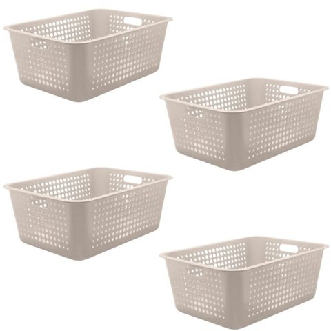 Kit 4 Caixas Organizadoras 40l Maxi Bege Cesto Plástico com Alça Lateral Multiuso Organizador ou