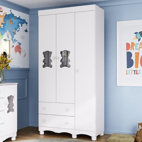 Guarda-roupa Infantil 92cm com Vidro 3 Portas e 2 Gavetas Ternura Multimóveis Mp4477 Branco