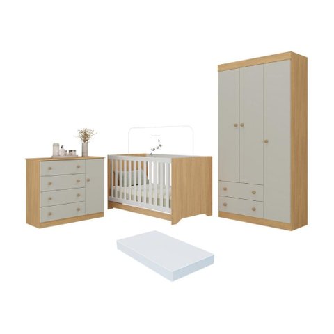 Quarto de Bebê Completo Berço Americano 3x1 Colchão Encanto Multimóveis Mp4605 Madeirado/off