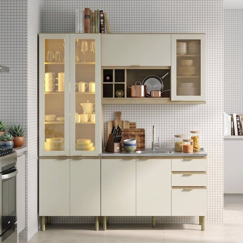 Cozinha Compacta Modulada 3 Peças com Cristaleira LED e sem Tampo de Pia Nanda Nature/Arenas