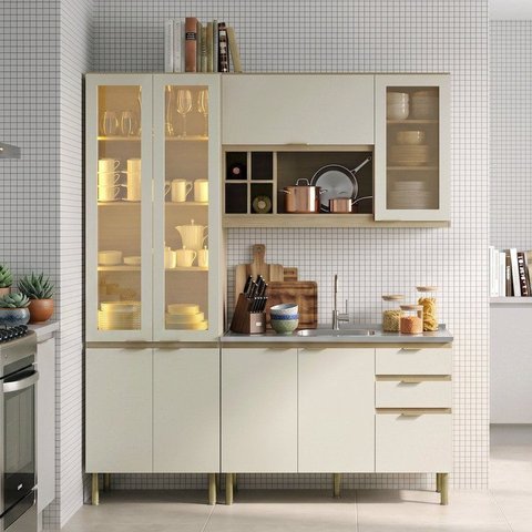 Cozinha Compacta Modulada 3 Peças com Cristaleira LED e sem Tampo de Pia Nanda Nature/Arenas