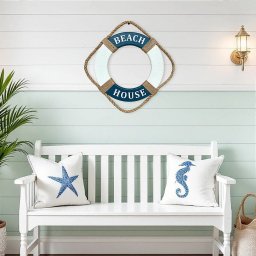 Enfeite Bóia Beach House de Parede em Madeira com Texto em Branco - 1