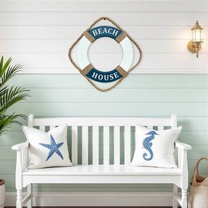 Enfeite Bóia Beach House de Parede em Madeira com Texto em Branco