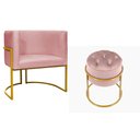 Ver imagem 1 de Kit Poltrona Decorativa Luxo Base de Metal Dourada e Puff Capitone Suede Rosa Eli Móveis e Decoração