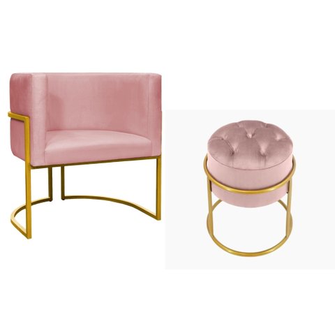 Kit Poltrona Decorativa Luxo Base de Metal Dourada e Puff Capitone Suede Rosa Eli Móveis e Decoração
