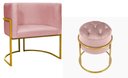 Ver imagem 1 de Kit Poltrona Decorativa Luxo Base de Metal Dourada e Puff Capitone Suede Rosa Eli Móveis e Decoração