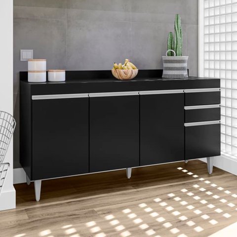Balcão Lorena com Tampo 160cm 4 Portas 2 Gavetas Preto Maderatto Móveis