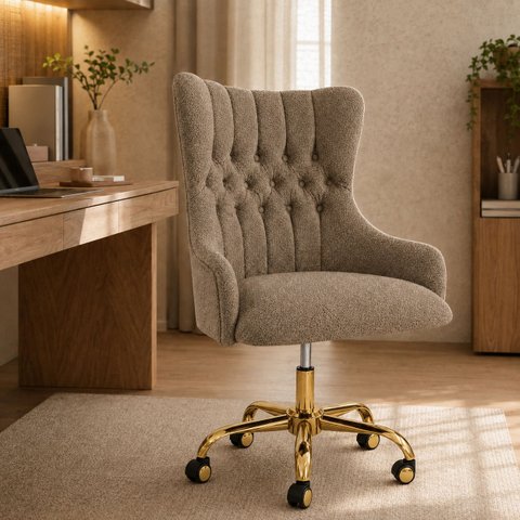 Cadeira Poltrona Home Office Helena Capitonê Base com Rodinhas Dourada
