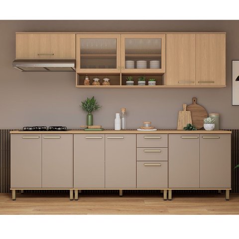 Cozinha Compacta 100 Mdf 6 Peças com Tampo e Vidro Canelado 280cm Duna Luciane Móveis
