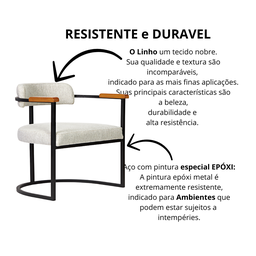 Kit 02 Poltronas Ohio Braço Madeira Linho Marfim Estrutura Preto - 5